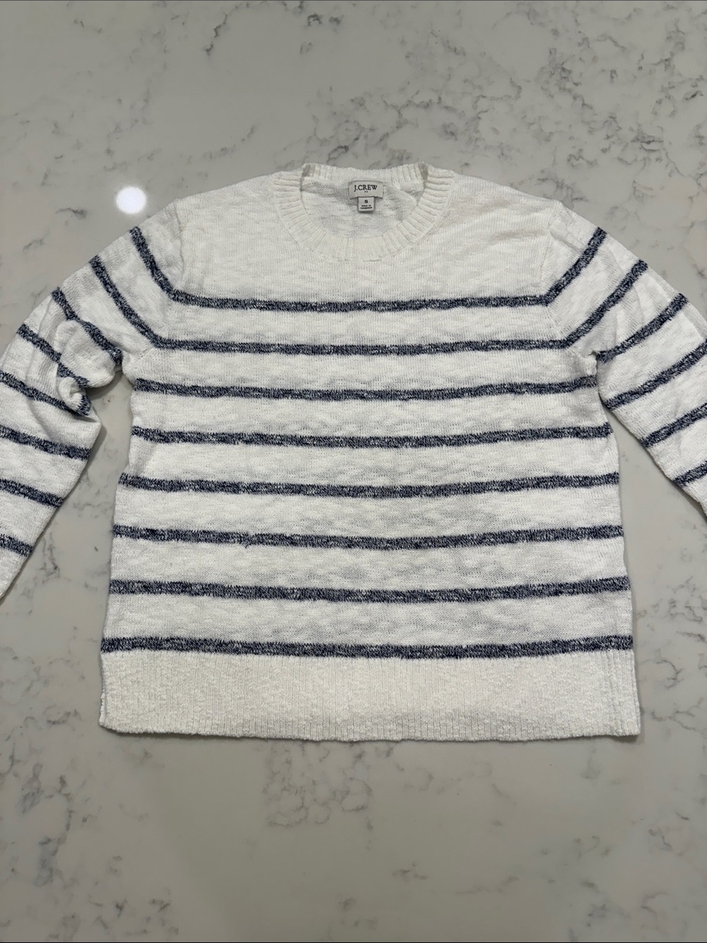 J. Crew Beach Sweater White Crewneck Sweater with Navy Stripes